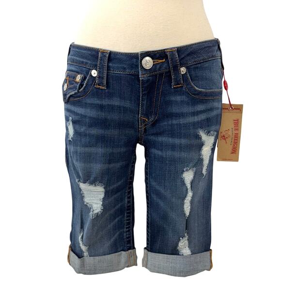True Religion Knee Length Bermuda Jean Denim Short Midnight Destroyed 27 NWT - Picture 1 of 12